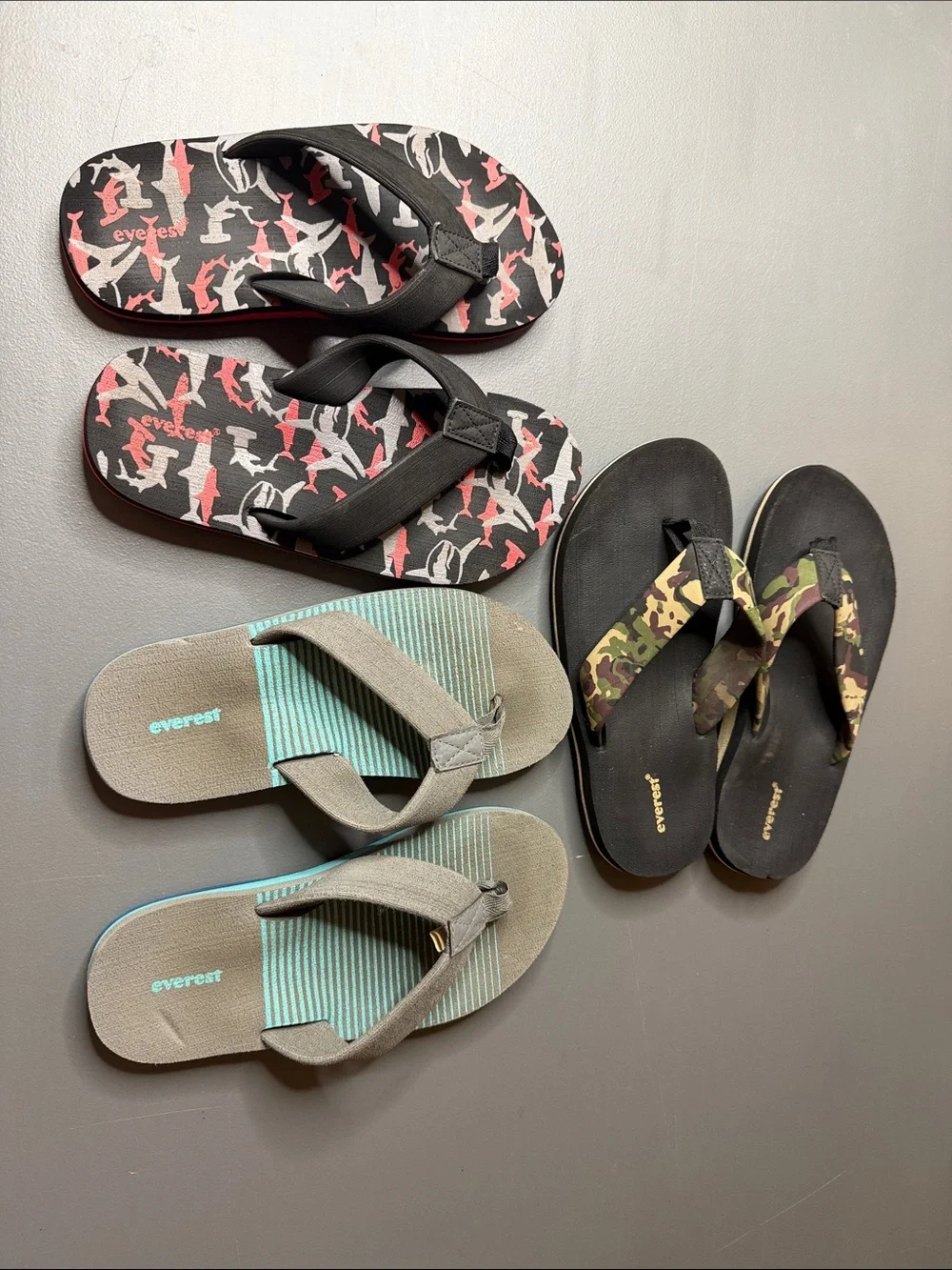 Casual Flip Flop Bundle - Black, shark Camouflage, and Teal Pattern. Kid’s 2-3